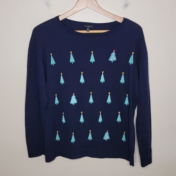Talbots | Petite Navy Blue Green Christmas Tree Sweater Holiday Medium P… - Picture 5 of 5
